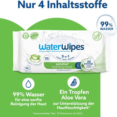 WaterWipes Sensitive+ Hydrating Boost vådservietter, hydrerende servietter, 360 stykker (6 pakke), 3 i 1 rene, pleje, hydrere, 99 % aloe vera vand, uparfumerede babyservietter