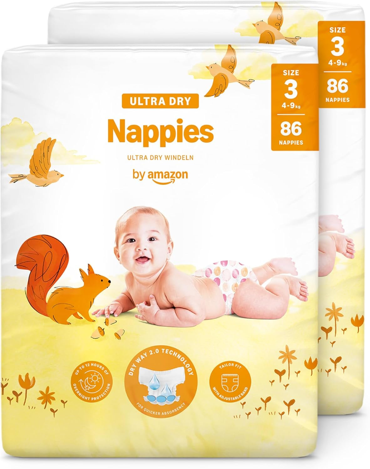 Amazon Ultra Dry Bleer, størrelse 3 (4-9 kg) - Månedlig æske, hvid, 172 antal (2 pakker af 86) (tidligere Mama Bear, identisk produkt)