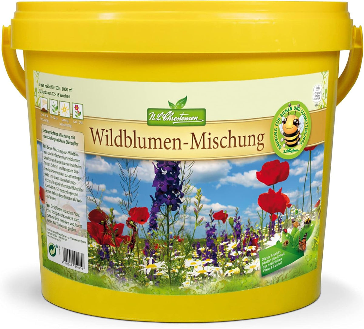 Wild Flower Mix NL Chrestensen | 5L spand til 500-1000 m² | Hårdføre flerårige blomsterfrø | Vildblomsteng til bier og sommerfugle | Til have, eng