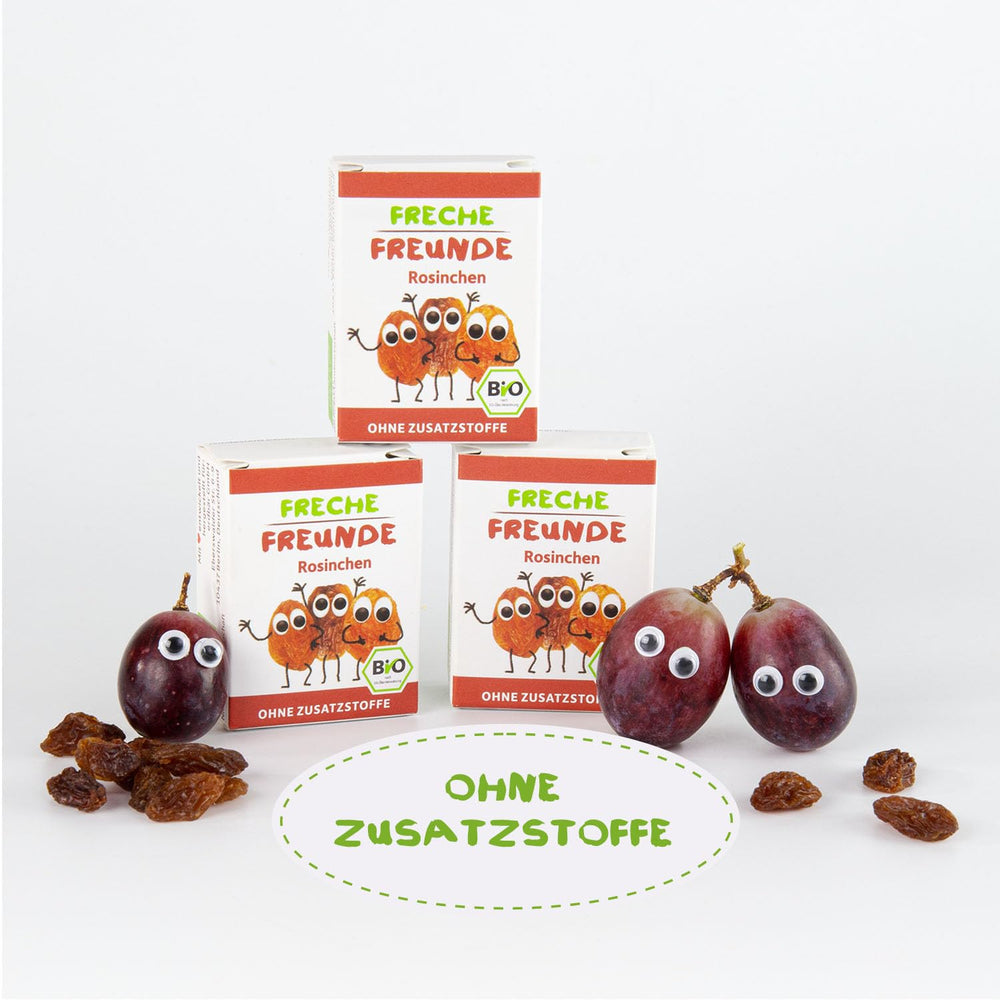 FRECHE FREUNDE Økologiske rosiner, Trockenfrüchte ohne Zucker, ohne Zusatzstoffe, ungeschwefelt, i små Snackboxen, Sultaninen für Kinder, 20er Pack, 20 x (3x14g)