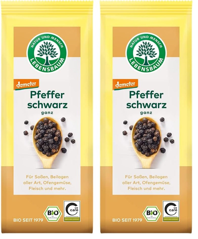 Lebensbaum Schwarzer Pfeffer, fruchtig scharfer Genuss, Bio-Pfeffer für Sossen, Beilagen aller Art, Ofengemüse & Fleisch, ganz, 50 g