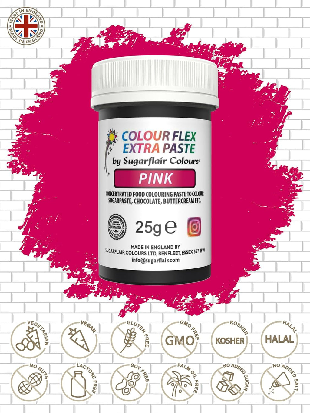 Pastă colorantă alimentară Sugarflair Colourflex Extra Paste roz - Colorant alimentar comestibil pentru cremă de unt, ciocolată, pastă de zahăr, glazură, fondant, mixuri pentru prăjituri, aluat și multe altele - 25g
