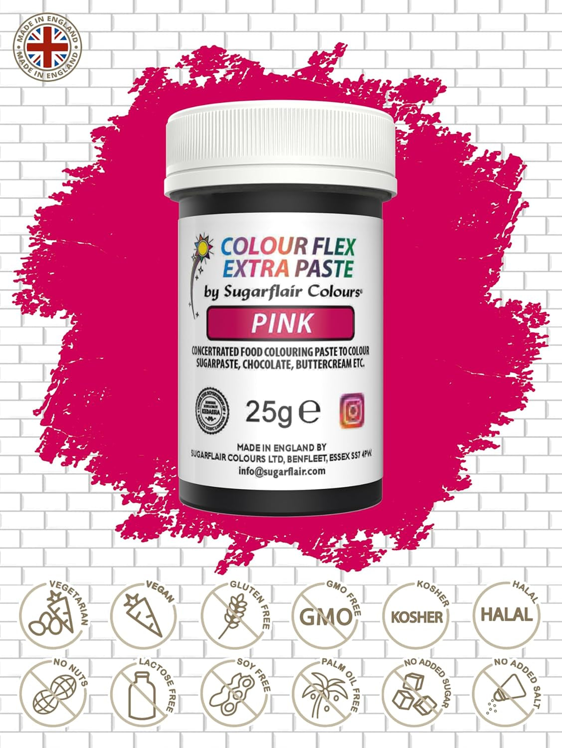 Pastă colorantă alimentară Sugarflair Colourflex Extra Paste roz - Colorant alimentar comestibil pentru cremă de unt, ciocolată, pastă de zahăr, glazură, fondant, mixuri pentru prăjituri, aluat și multe altele - 25g