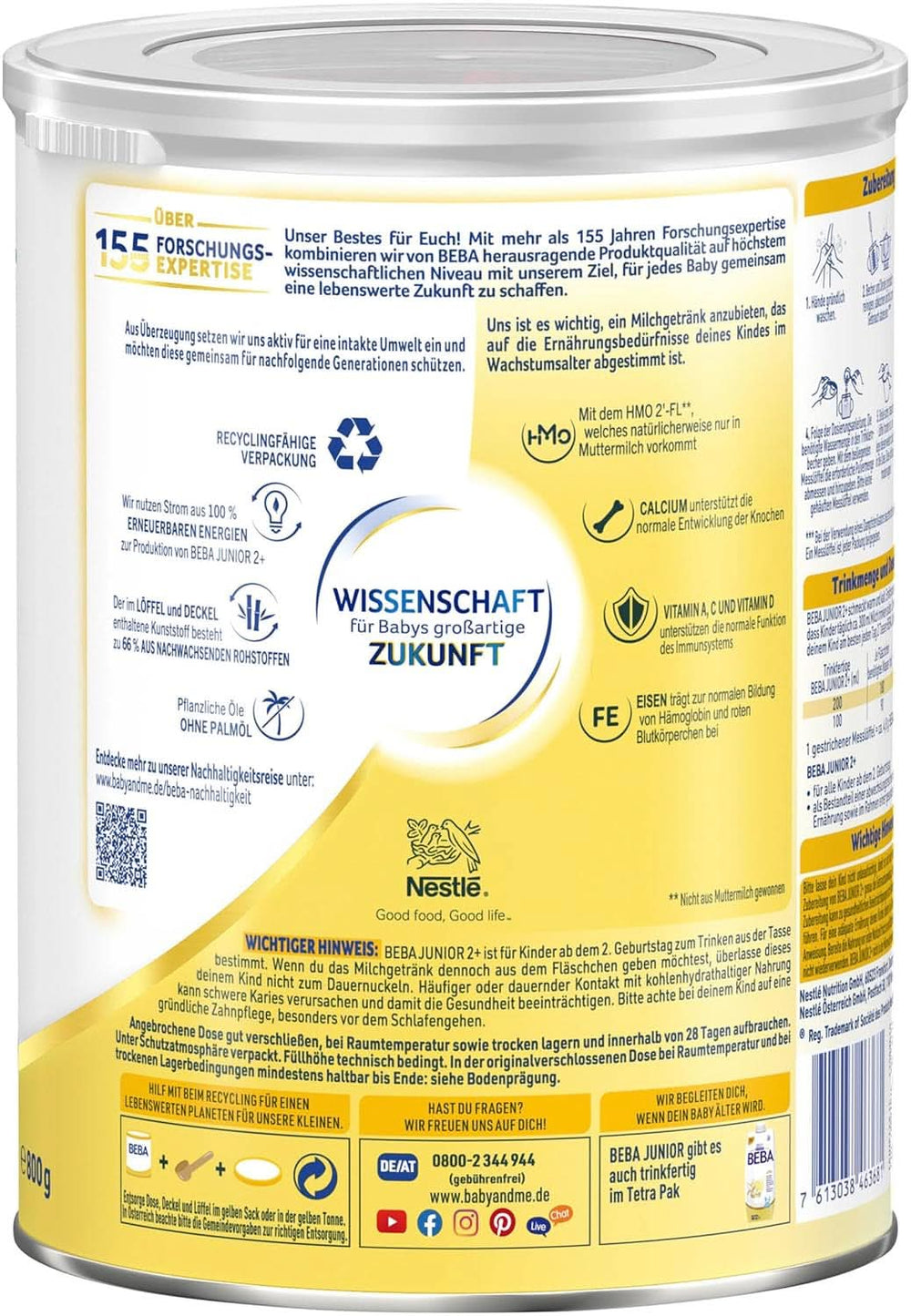 Nestle BEBA Junior 2+, fra 2 års fødselsdag, babymad med HMO 2'-FL, kun laktose, ingen palmeolie, pak 3 (3 x 800g) Mother and Baby Naty Shop