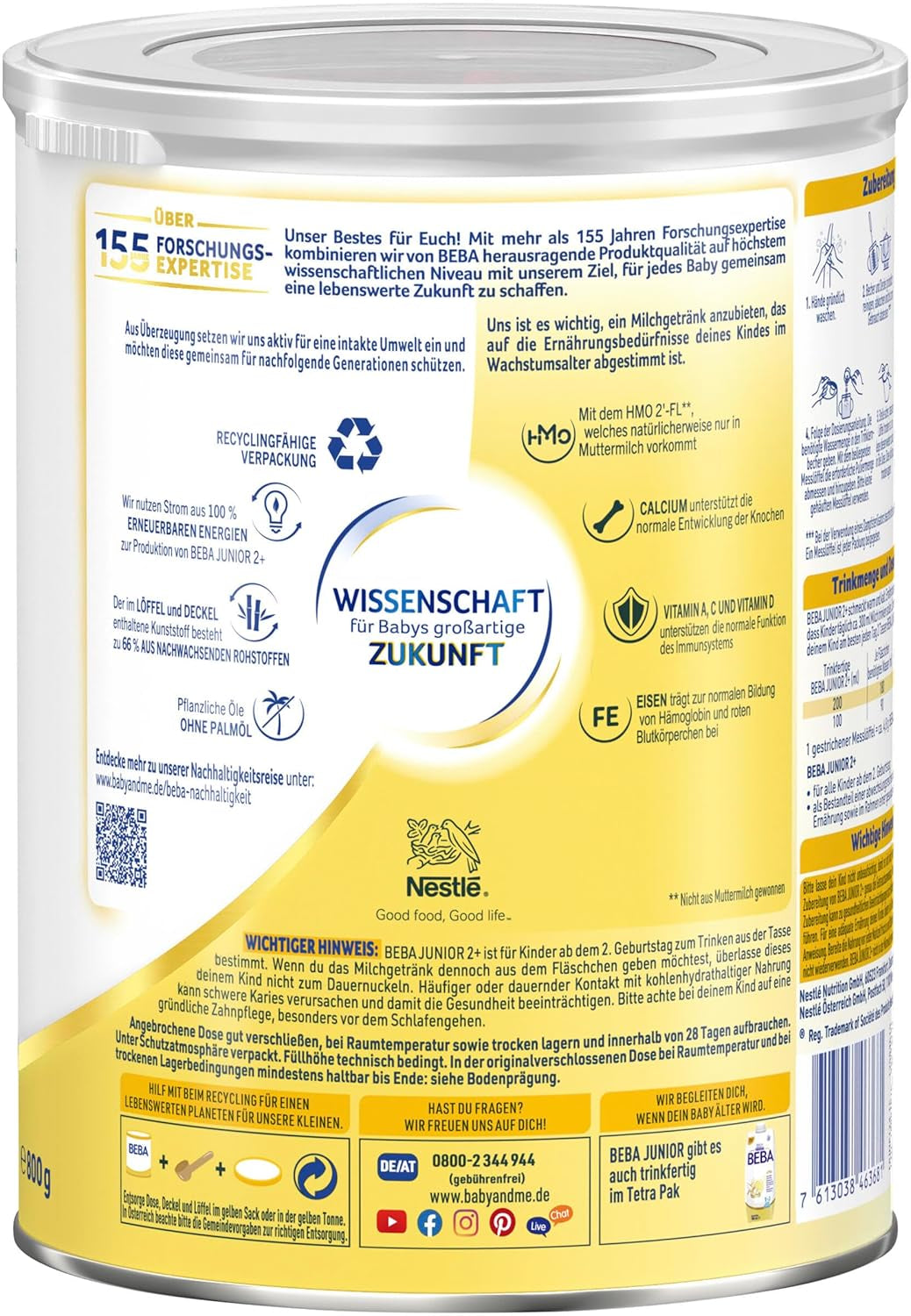 BEBA Junior 2+ mælkedrik fra 2 år, Med HMO, Alderssvarende proteinindhold, Kun laktose, Ingen palmeolie, Ingen fiskeolie, Småbørnsmad, Babymælkpulver, Pakke med 3 (3 x 800g)