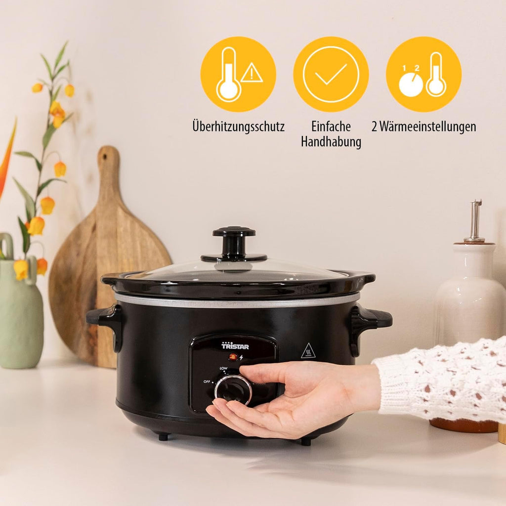 Tristar VS-3915 slow cooker, vas ceramic din oțel inoxidabil cu 2 setări de căldură și funcție de menținere la cald, 3,5 L Slow Cooker Naty Shop
