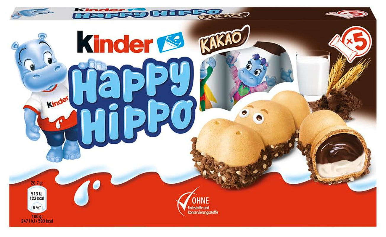 Kinder Happy Hippo Hasselnut - Specialitetssprøde vafler med mælk og hasselnøddecreme - Karneval og fastelavnsslik - 1 pakke indeholdende 5 individuelle stænger á 20,7 g hver
