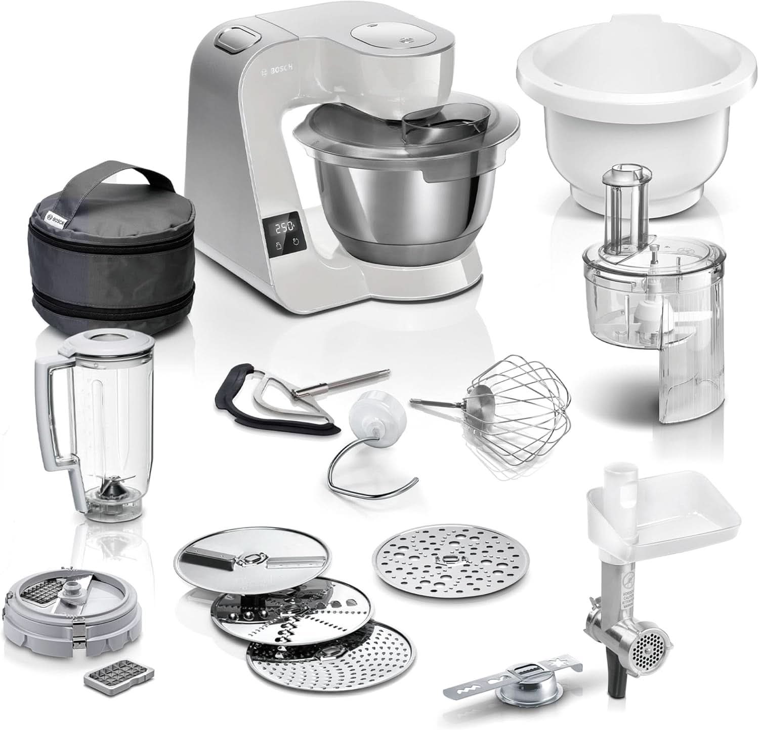 Foodprocessor Bosch Series 4 MUM5X720, integreret vægt, skål i rustfrit stål 3,9L, mixer 1,25L, 1000W Tilbehør Mad og amning Baby Naty Shop Single Silver Grey 6 tilbehør