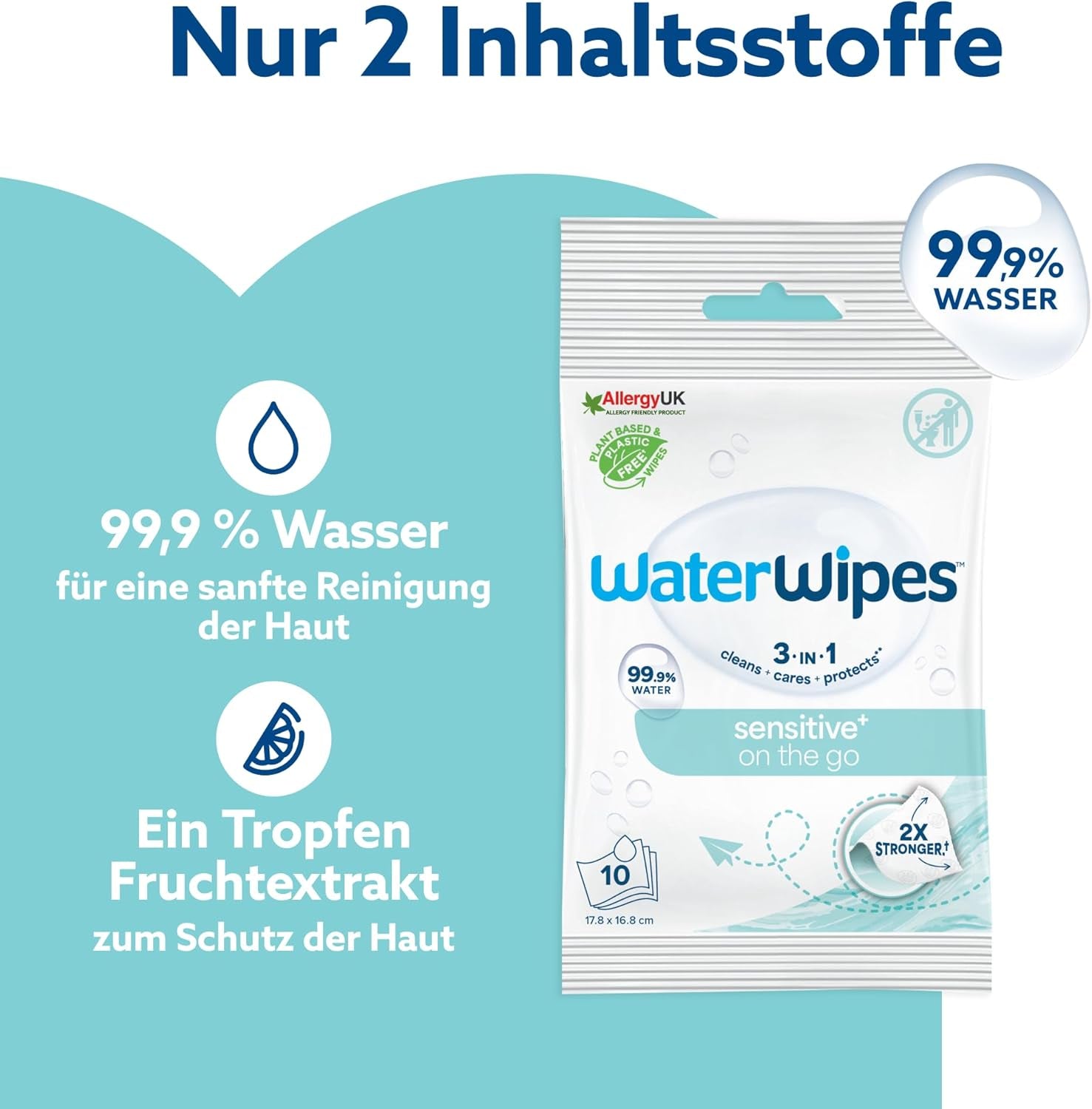WaterWipes Sensitive+ On The Go Wet Wipes, 100 Wipes (10 Pack), 3 i 1 Renser, Plejer, Beskytter, 99,9% Vand, Duftfri Wipes