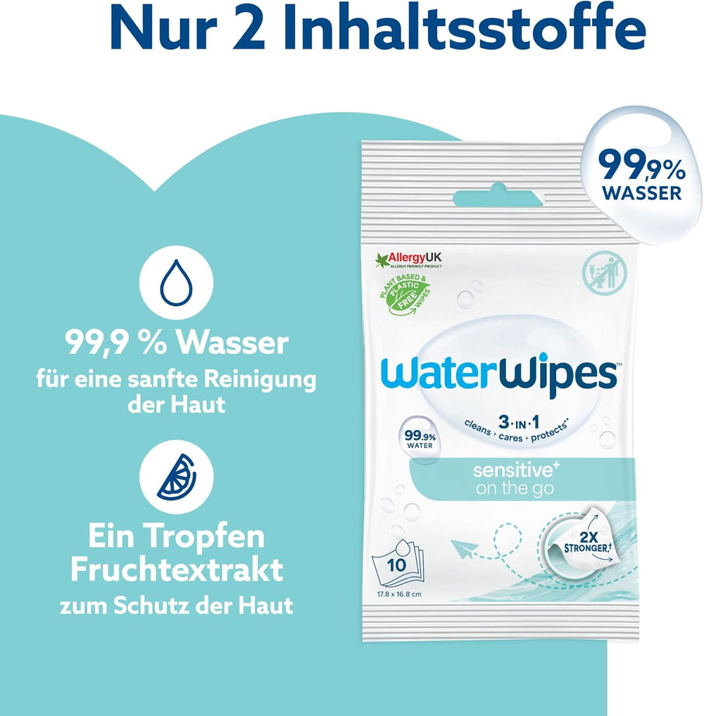 WaterWipes Sensitive+ On The Go Wet Wipes, 100 Wipes (10 Pack), 3 i 1 Renser, Plejer, Beskytter, 99,9% Vand, Duftfri Wipes
