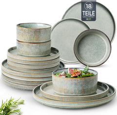 Set de veselă din gresie GBhome pentru 6 persoane, 18 piese, glazură reactivă, set de veselă din gresie lucrat manual, potrivit pentru cuptorul cu microunde și mașina de spălat vase, set de bol și farfurie