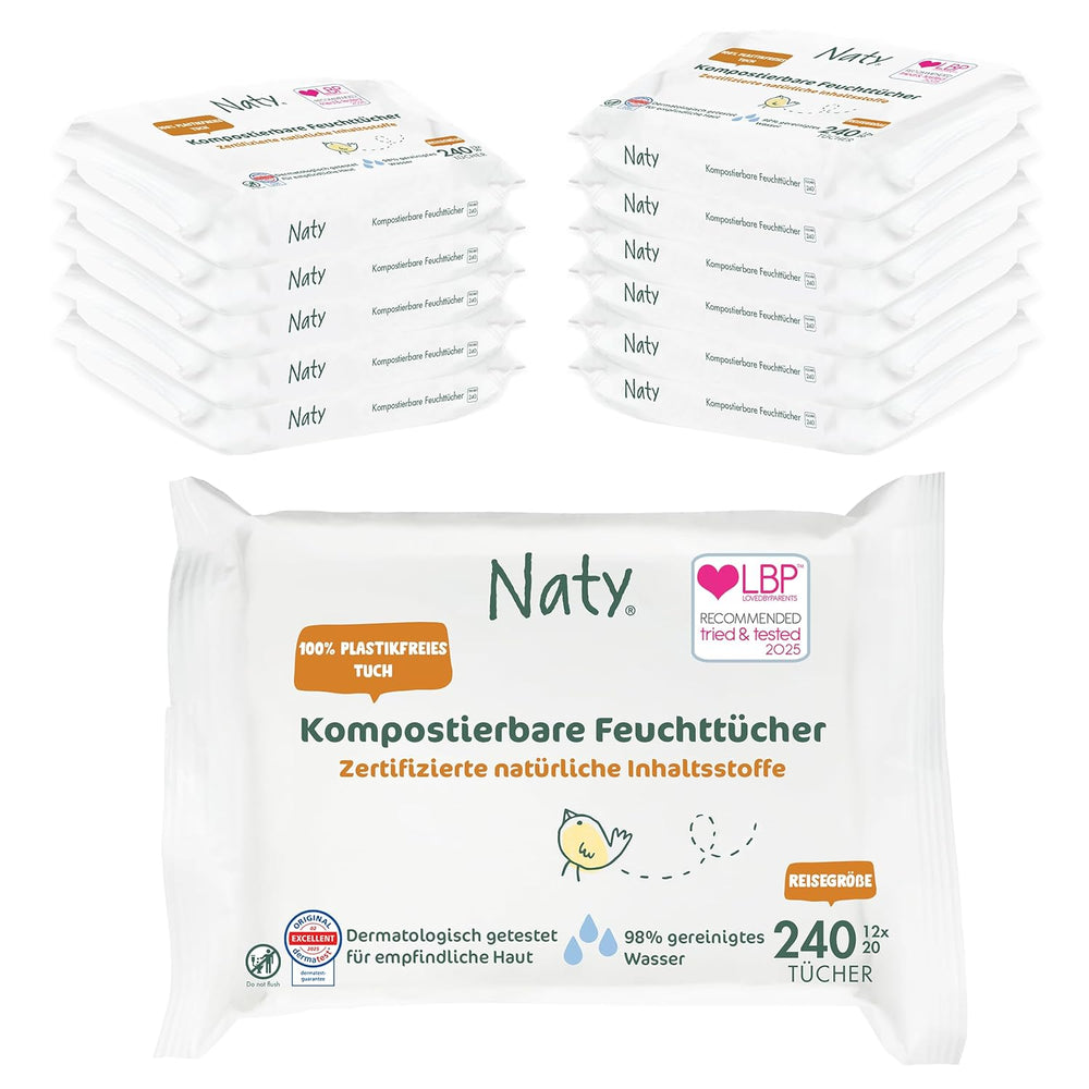 Naty babyservietter | 100% urte- og duftfri til følsom hud | Plastfrie og certificerede komposterbare servietter med 98 % renset vand | 672 servietter (12 pakker)