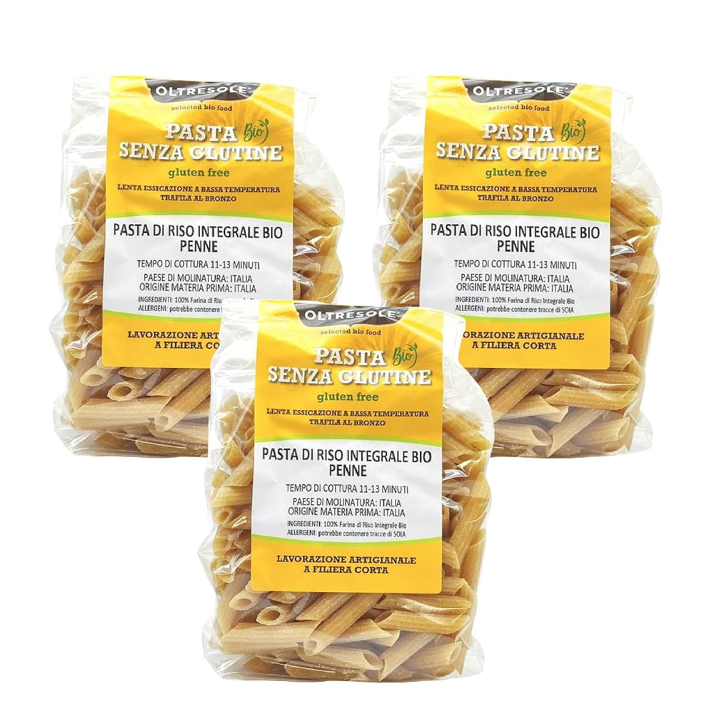 - Paste di Riso Integrale Biologica Italiana Glutenfri, Penne Format - glutenfri pasta, 100% økologisk fuldkornsrismel, rig på fibre, vegansk, pakke med 3 pakker á 350 g