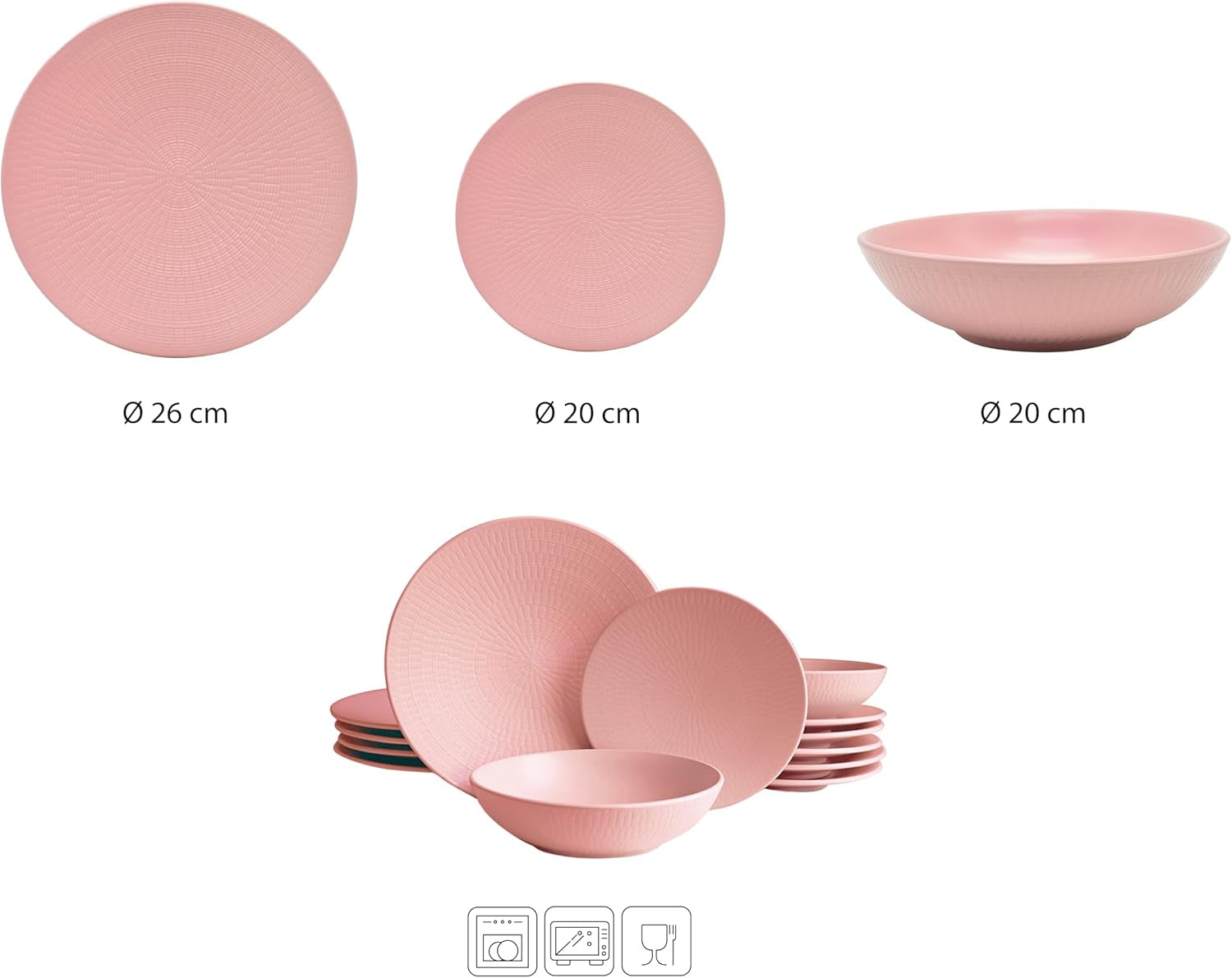 Set de veselă vintage ECHTWERK, 12 piese, design natural „Blanka”, pentru 4 persoane, set elegant de veselă din gresie texturată cu 4 farfurii de cină, 4 farfurii laterale, 4 farfurii de sumă, roz