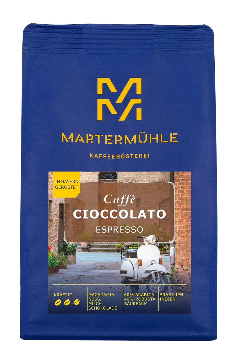 Boabe de espresso Martermühle Cioccolato 500g Tare | Arabica/Robusta | Arome: Nuci de macadamia, ciocolată cu lapte | Boabe de espresso întregi prăjite ușor, aciditate scăzută