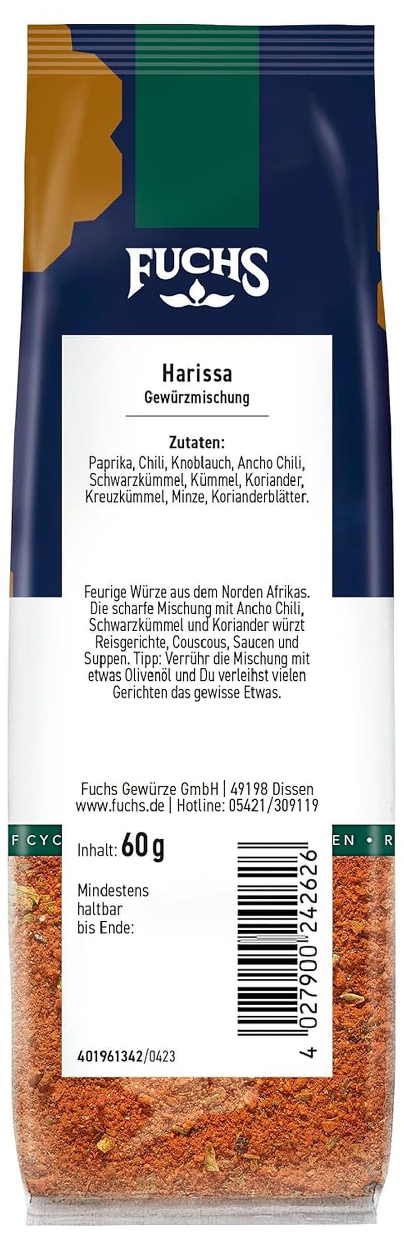 Fuchs Gewürze - Harissa Gewürzmischung im genanvendelig Nachfüllbeutel, zum Würzen von Ricegerichten, Couscous, Saucen og Suppen - 60 g