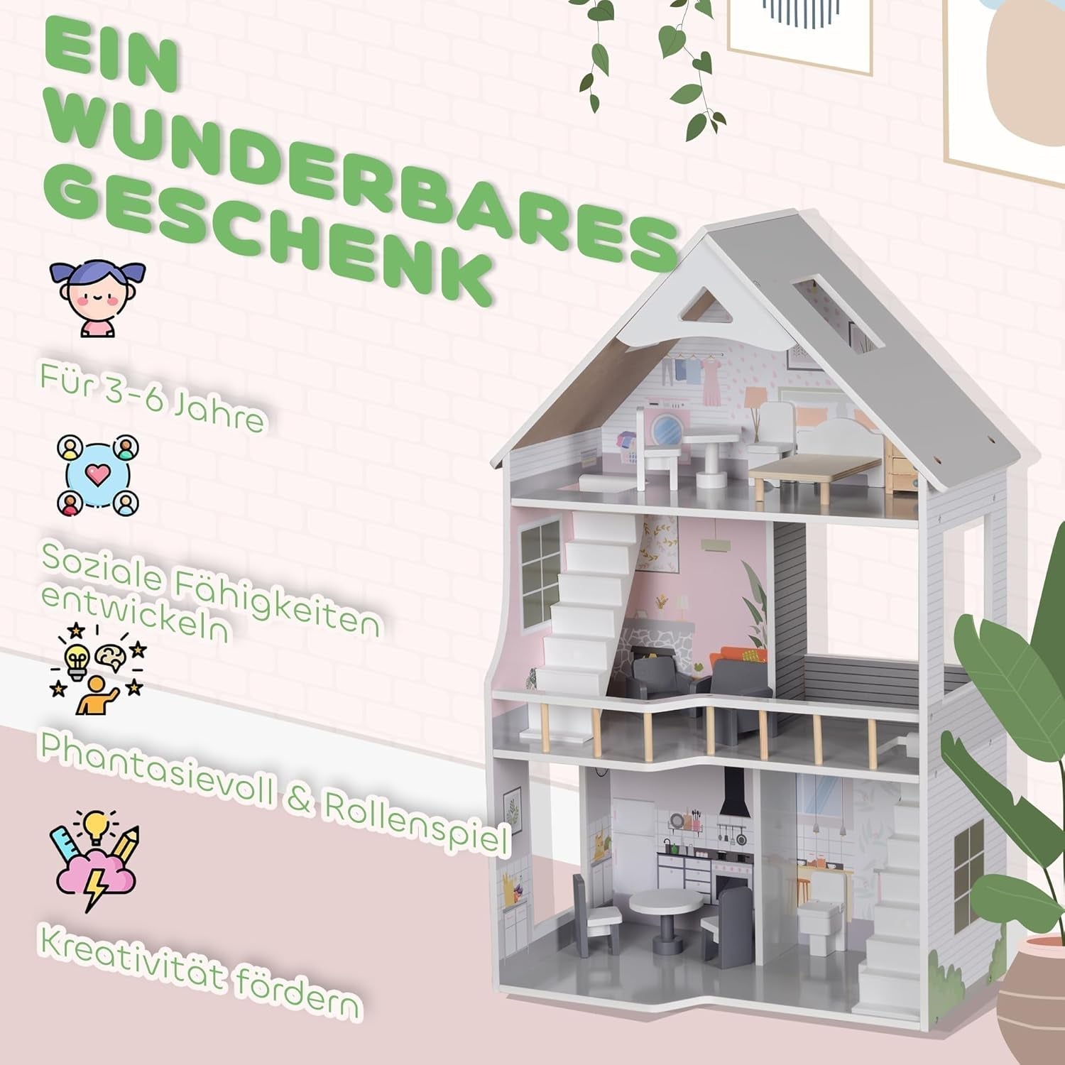 AIYAPLAY Casă de păpuși din lemn, casă de joacă cu 3 etaje cu 13 piese de mobilier, accesorii, 85,3 cm înălțime Casă de păpuși pentru copii de 3-6 ani, gri Casute de papusi Naty Shop