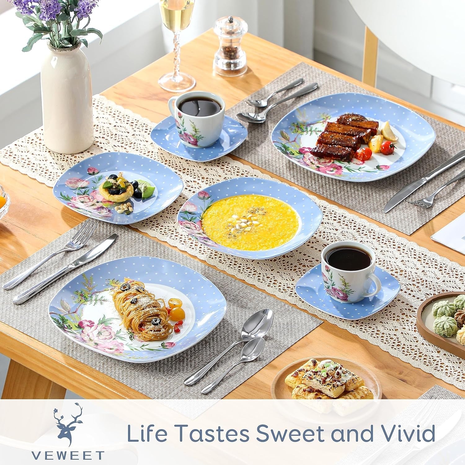 Set de veselă combinat din porțelan VEWEET, set de veselă de 30 de piese pentru 4-12 persoane, seria „Hannah”, format din farfurii de cină, farfurii de desert, farfurii de supă, cești de cafea și farfurioare