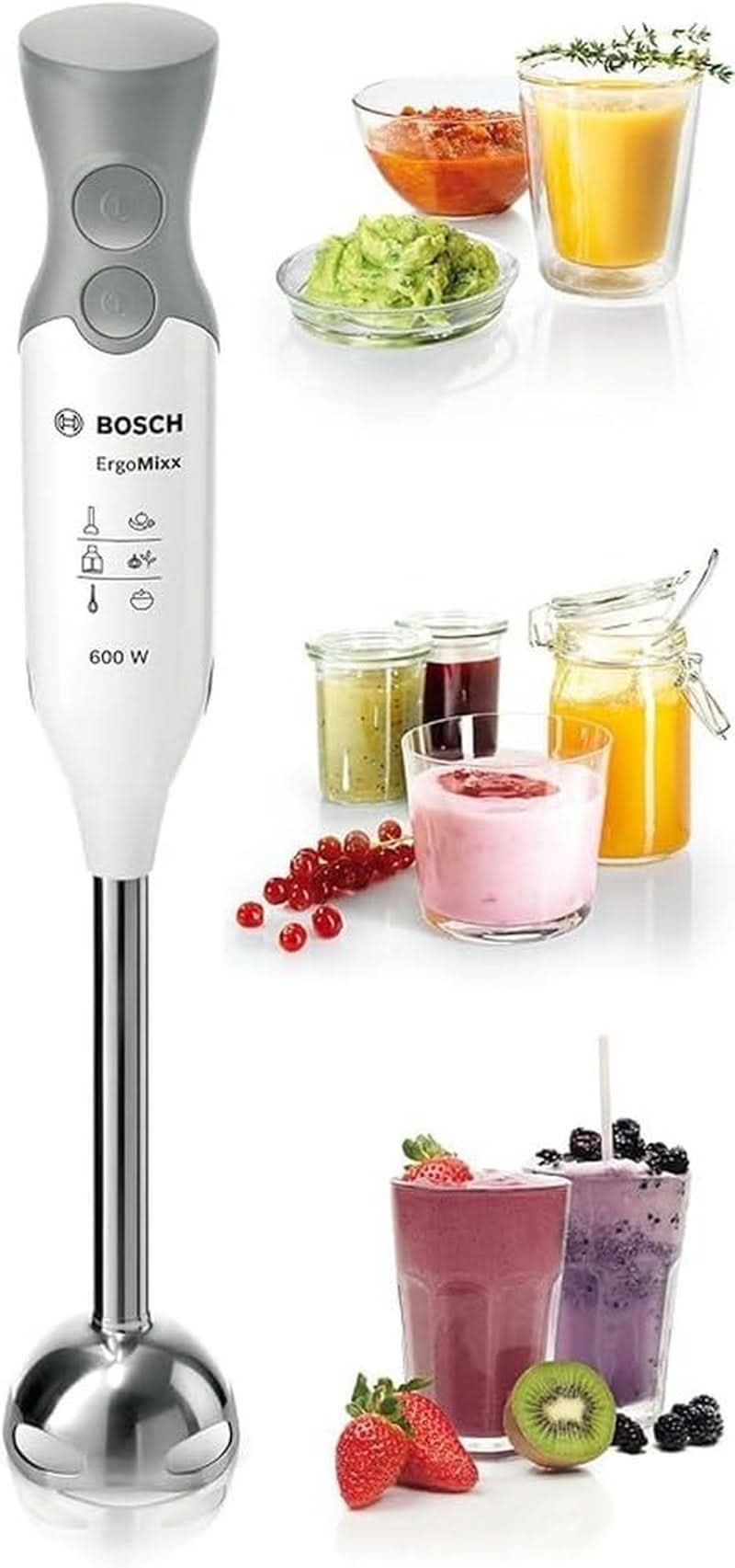 Bosch Stabmixer Ergomixx MSM66110, Edelstahl-Mixfuß, Mix- Und Messbecher, 2 Geschwindigkeitsstufen, Leichtes Gehäuse, 4-Klingen-Messer, Einfache Reinigung, 600 W, Weiß/Grau Kitchen Naty Shop