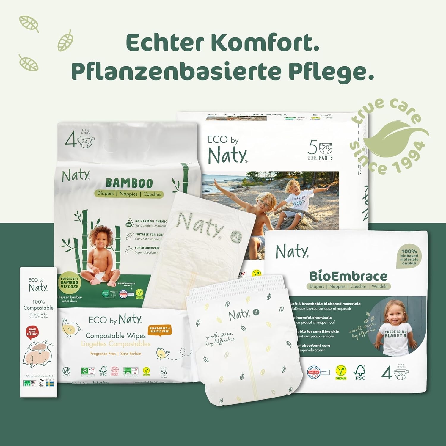 Naty BioEmbrace babybleer, str. 5 (11-25 kg) | 100% plantebaserede materialer, skånsomme mod huden | Åndbar blødhed, dermatologisk testet, fremragende absorption | 80 stk.