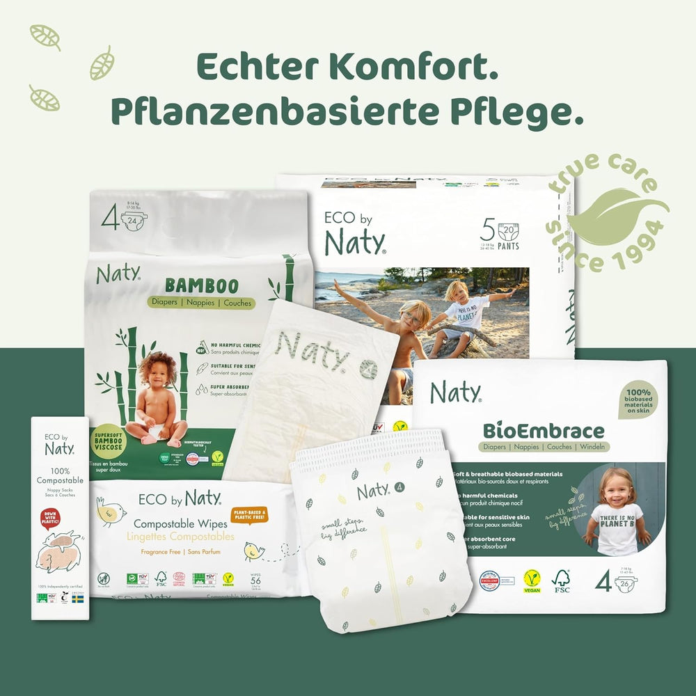 Naty BioEmbrace babybleer, str. 5 (11-25 kg) | 100% plantebaserede materialer, skånsomme mod huden | Åndbar blødhed, dermatologisk testet, fremragende absorption | 80 stk.