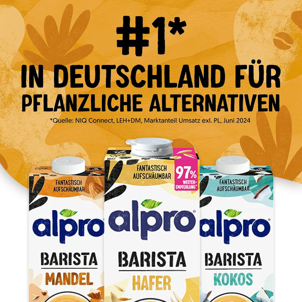 Alpro Barista Haferdrink – Zum Aufschäumen – Vegan und milchfrei – Von Natur aus lactosefrei – Rich an Ballaststoffen, Calcium og Vitaminen – 8 x 1 L – Haltbar