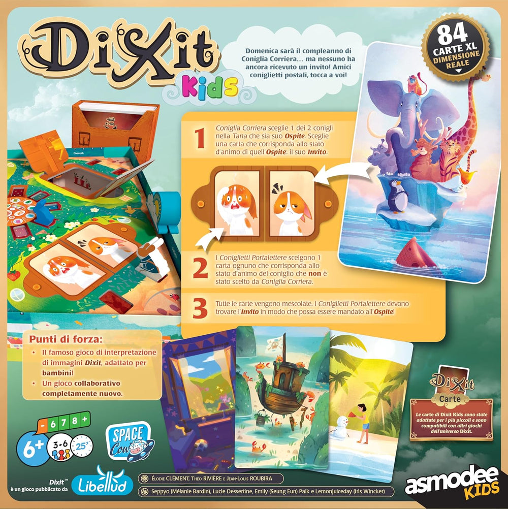 Asmodee Kids - Dixit Kids, brætspil til fantasi og fantasi for børn og hele familien, illustrerede spillekort, 3-6 spillere, i alderen 6+, 25 min, italiensk udgave