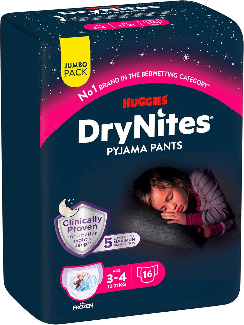 Huggies DryNites superabsorberende nattebleer til piger 3-4 år (12-21 kg) 4 x 16 antal (64 antal i alt) Månedlig trussepakke
