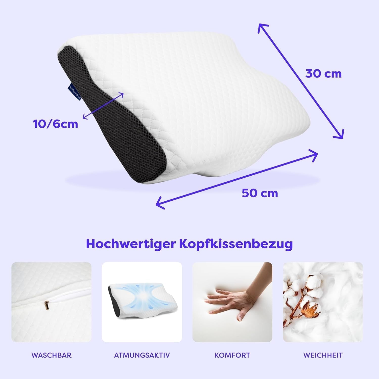 Pernă ortopedică Wolkenfeld, pernă pentru reducerea durerii de gât, pernă pentru gât din spumă cu memorie - pernă ergonomică pentru cap - pernă pentru dormit lateral pentru dormit lateral, spate și stomac Perne ortopedice cervicale Naty Shop