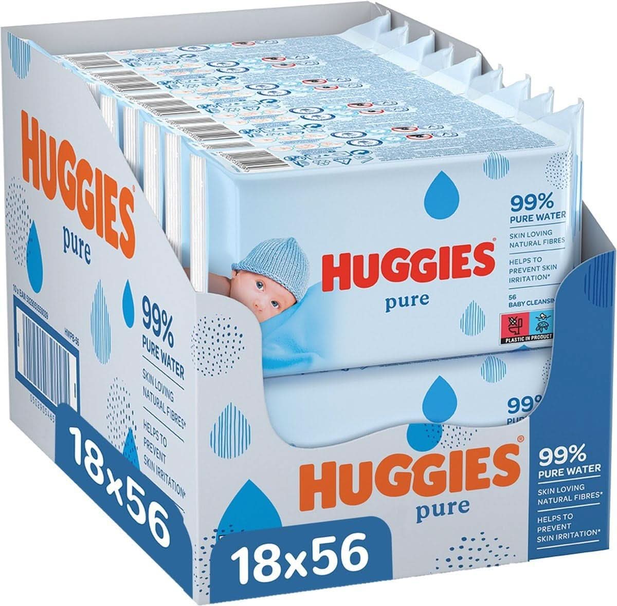 Huggies Pure Baby Wipes 18 Pack (1008 Wipes i alt) — 99 % rent vand — Duftfri til skånsom rensning og beskyttelse Baby Wet Wipes Naty Shop