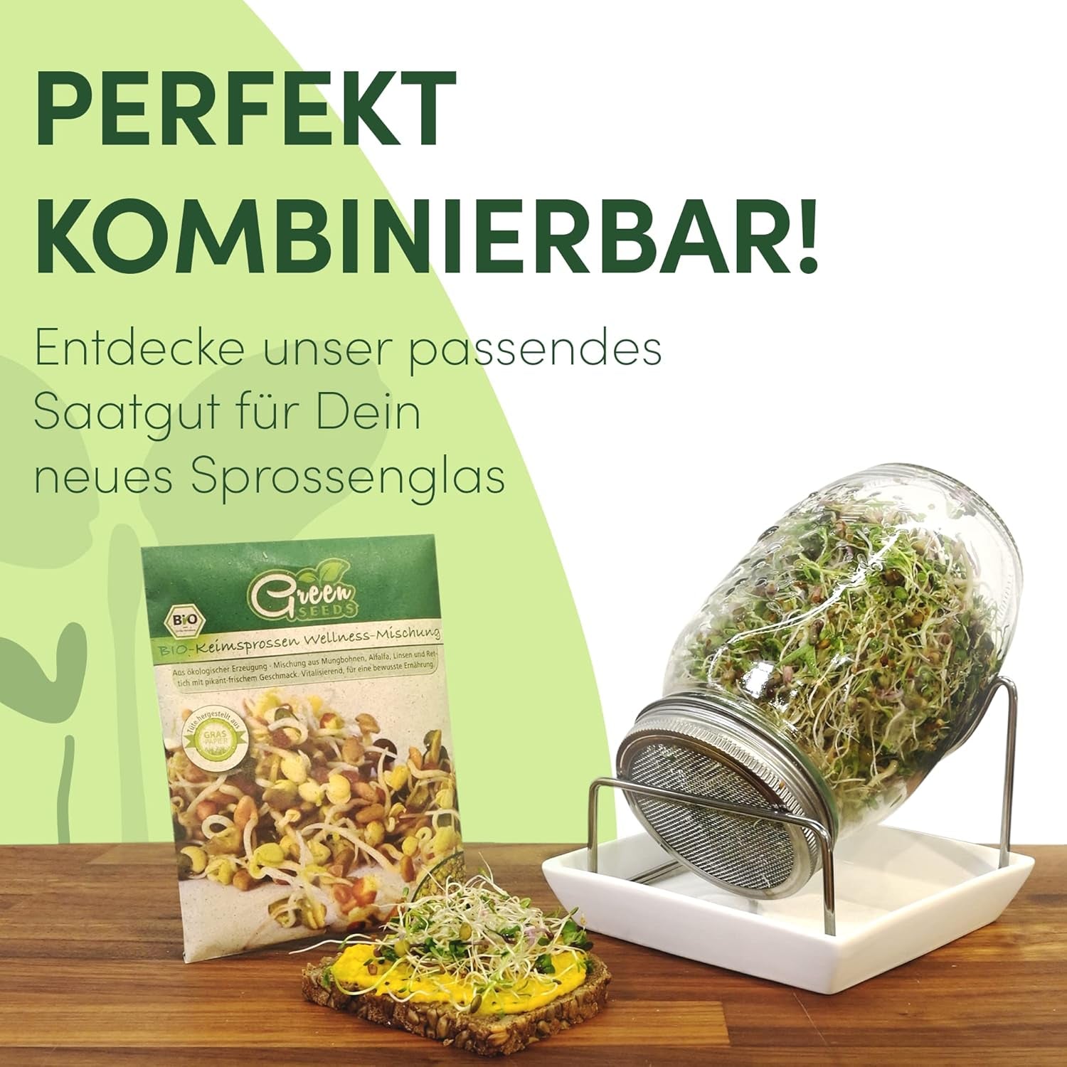 [Originalt startsæt med spirekrukke + karsefilter | 1000 ml med højkvalitets rustfrit stål Mesh Cover Stand Keramisk bakke + ABC til spiring [Printversion] Frøplantebakke med spiringskrukke