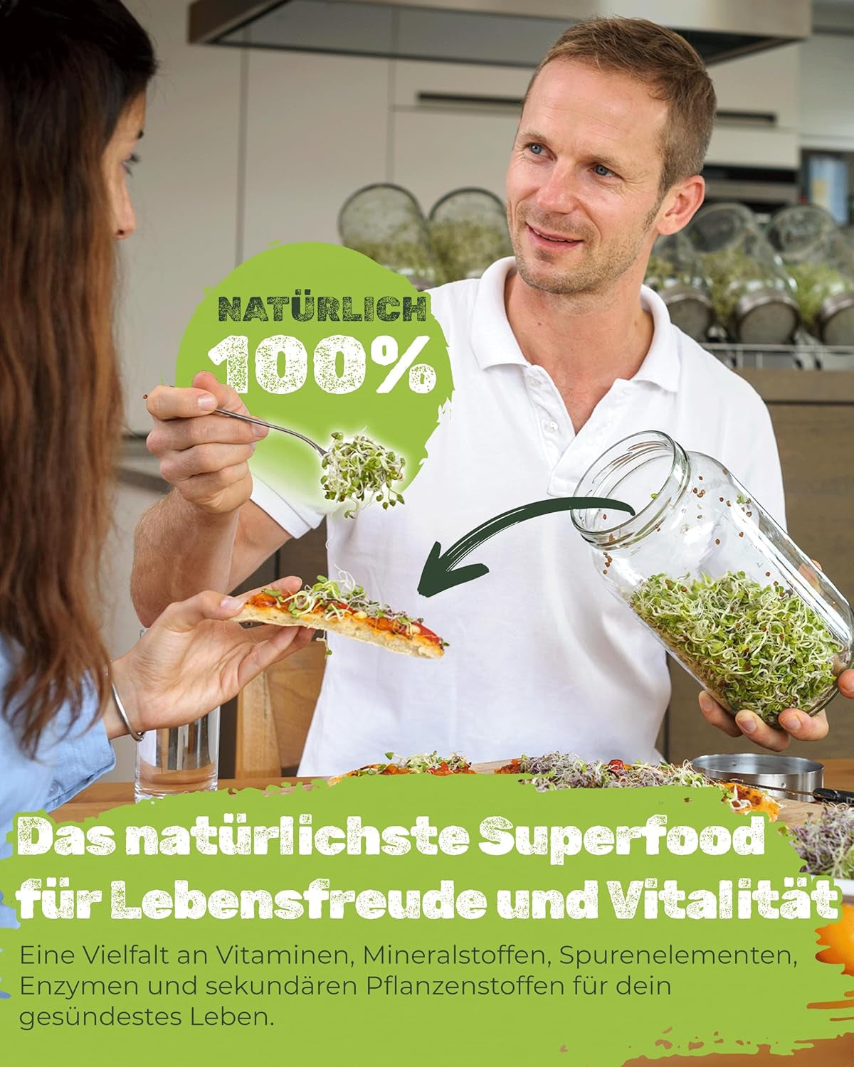 Spirekrukkesæt 3100 ml med gavesæt - Økologisk Fitness Mix, Power Mix og Detox Mix, 75 g hver - Spiringskrukke - inkl. låg, stativ og si