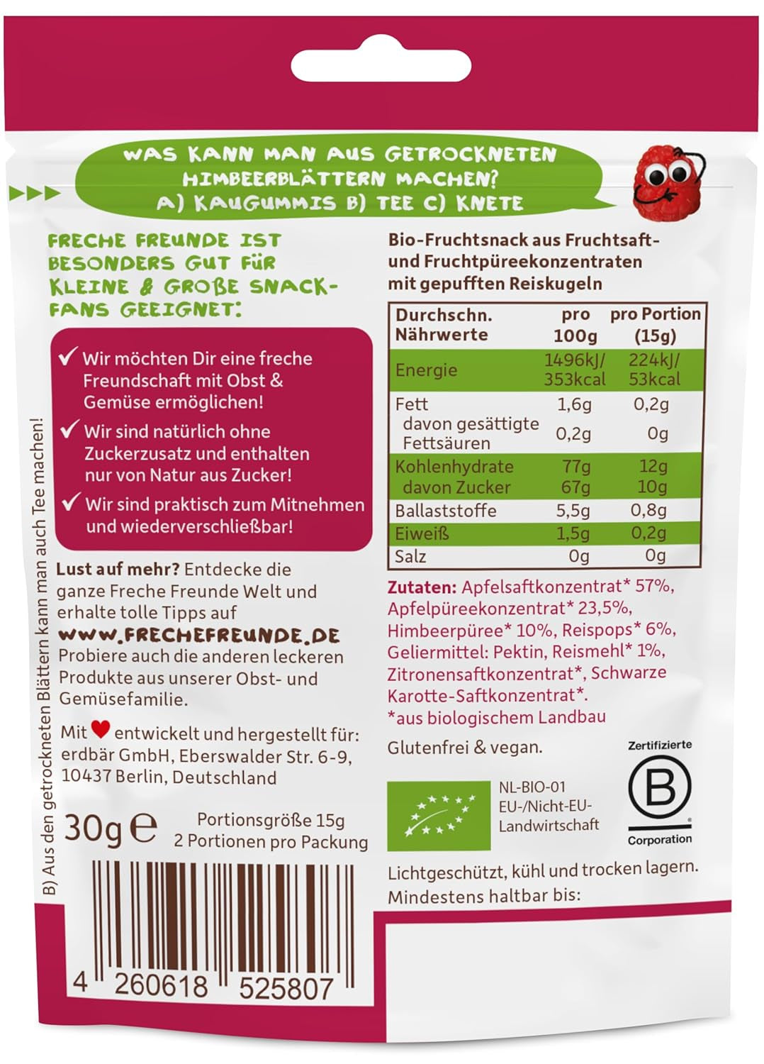 FRECHE FREUNDE Økologiske frugtgeléer, æble, hindbær og ris slikkepinde, frugtagtig sød snack til børn, glutenfri, vegansk, pakke med 20 stk (20 x 30 g)