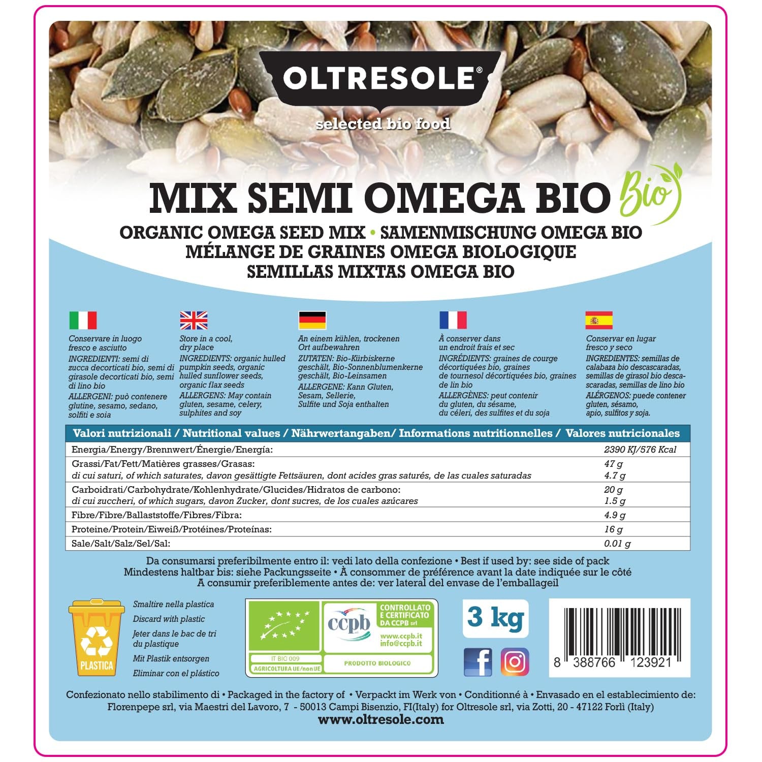 Økologisk Omega frøblanding 3 kg (blanding af græskar-, solsikke- og hørfrø), en blanding af 3 hele rå oliefrø, rig på protein, fibre og omega-3 fedtsyrer