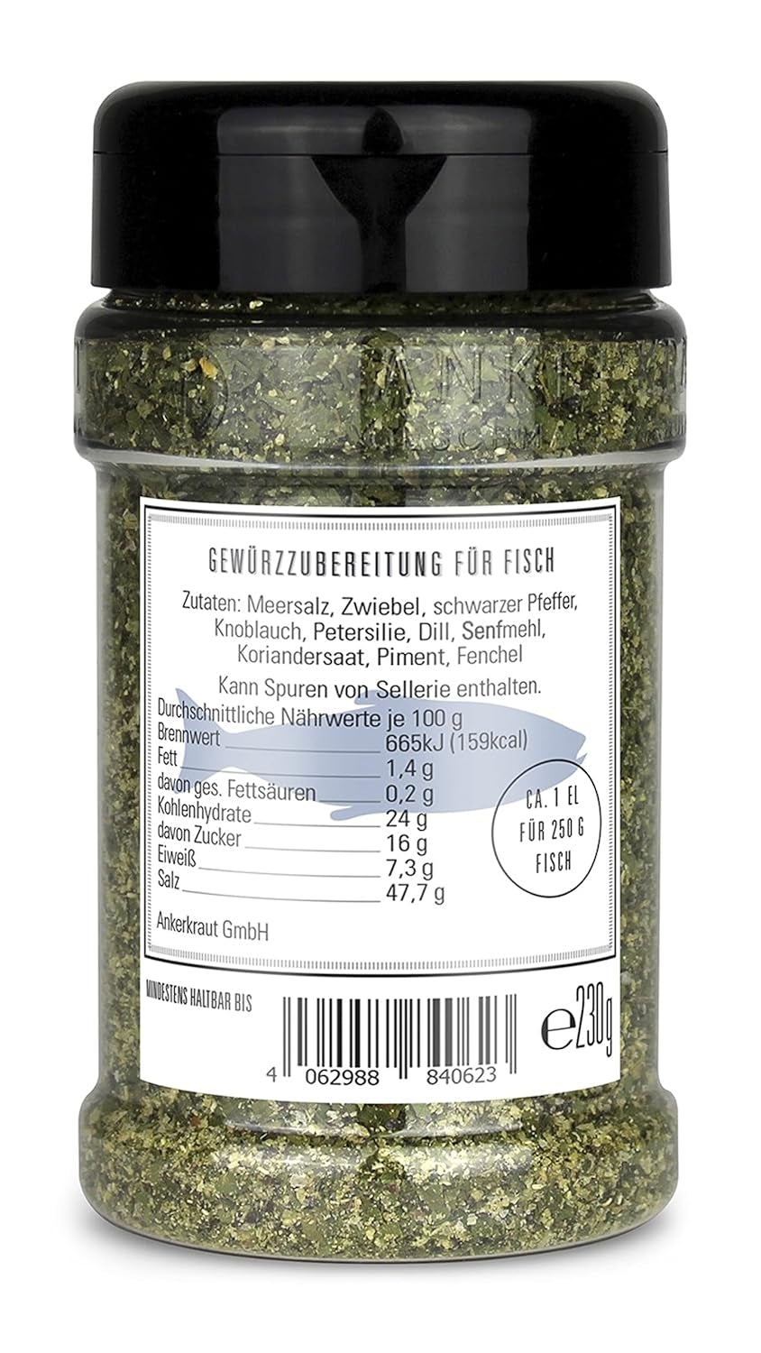 Ankerkraut Für Fisch, zuckerfrei, mit Zwiebel, Knoblauch og Pfeffer, 230 g im Streuer