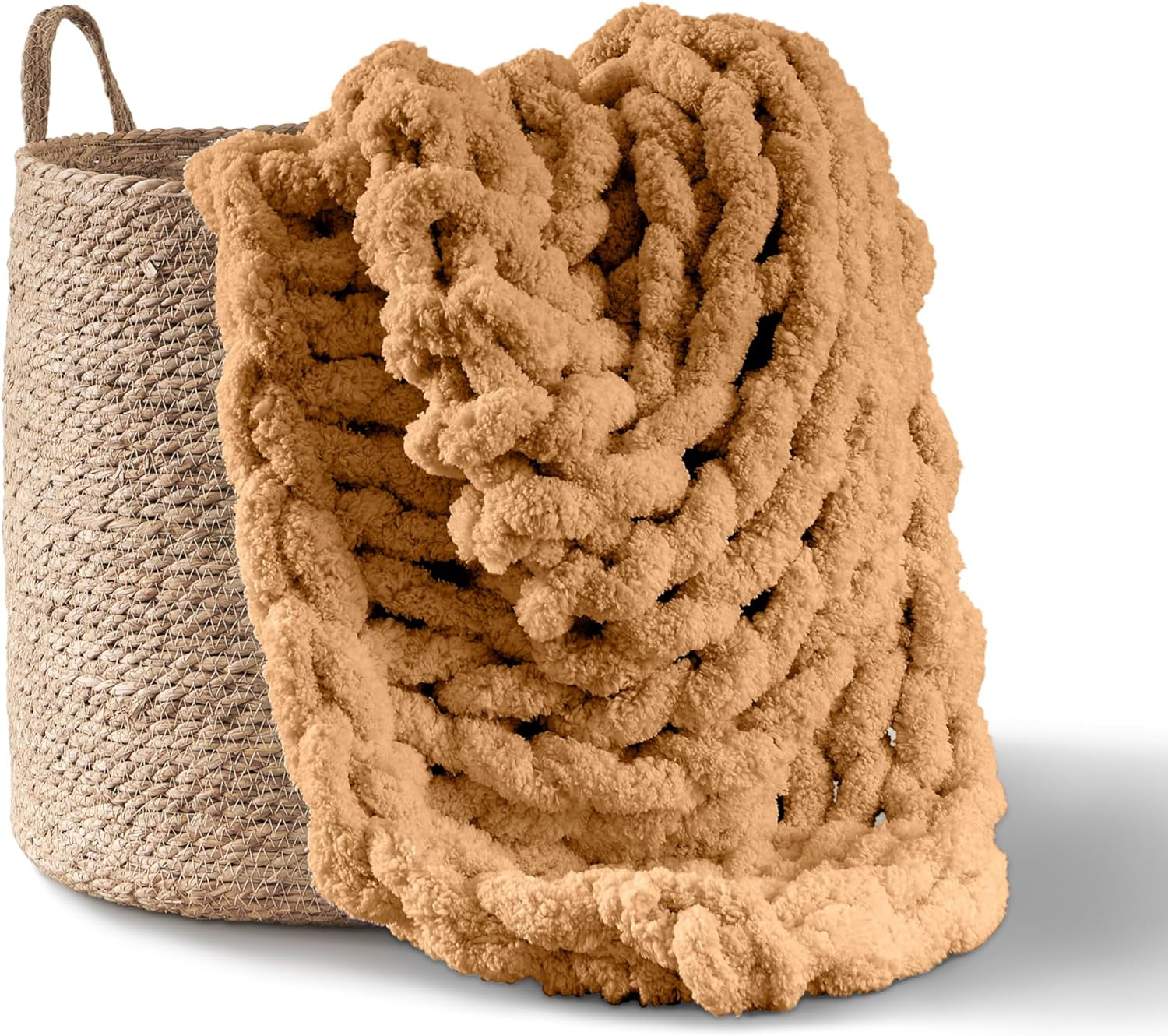 Chunky strikket tæppe, plaid, 100% håndstrikket med jumbo chenille garn (127 X 152,4 Cm, lilla grå) Adyrescia Senge og tæpper Karamel / brun farve 50 "X60"