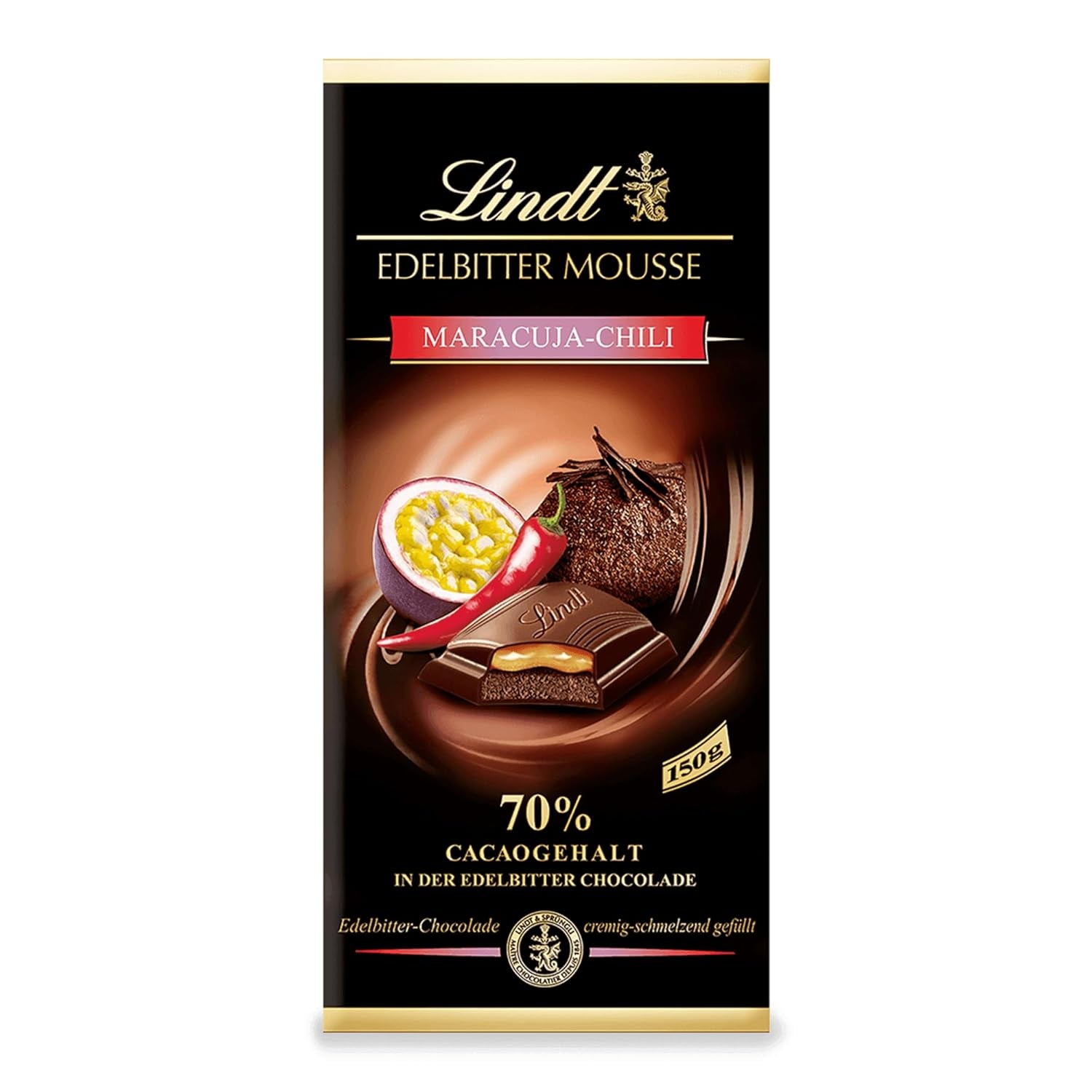 Lindt mørk chokolademousse med chili og kirsebær | Bar 150g | Med 70% kakaoindhold og mørk chokolademoussefyld og kirsebær chili | Chokoladebar | Mørk chokolade