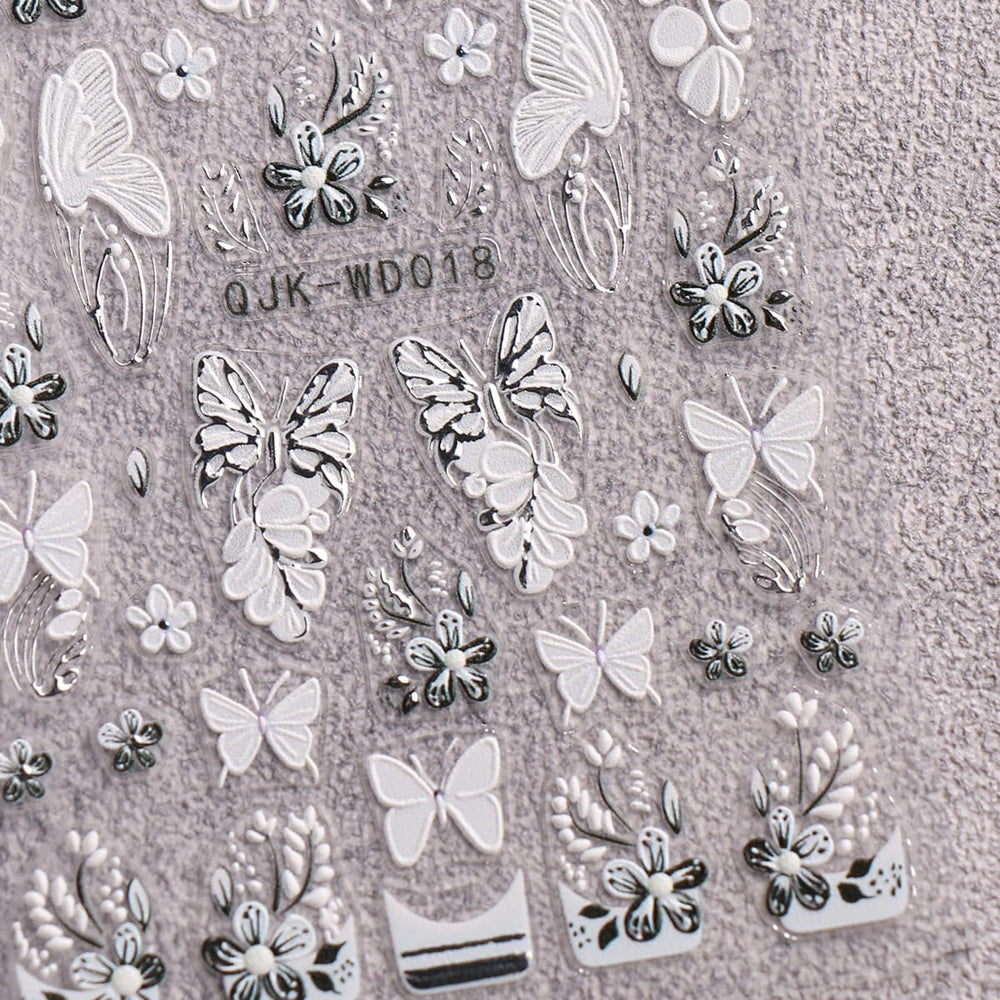 JMEOWIO Nagelsticker Schwarz Weiße Blume 6 Blatt Nail Art Sticker Selbstklebend Nagelaufkleber Frühling Sommer Floral Dekoration Nageldesign Zubehör