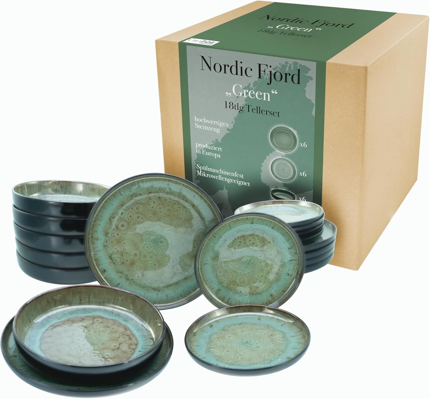 Creatable, 20166, Serie Nordic Fjord Green, 16-Teiliges Geschirrset Für 4 Personen, Kombiservice Aus Steinzeug, Spülmaschinen- Und Mikrowellengeeignet, Qualitätsproduktion Seturi vesela masa Naty Shop Grün Teller Set 18 Tlg
