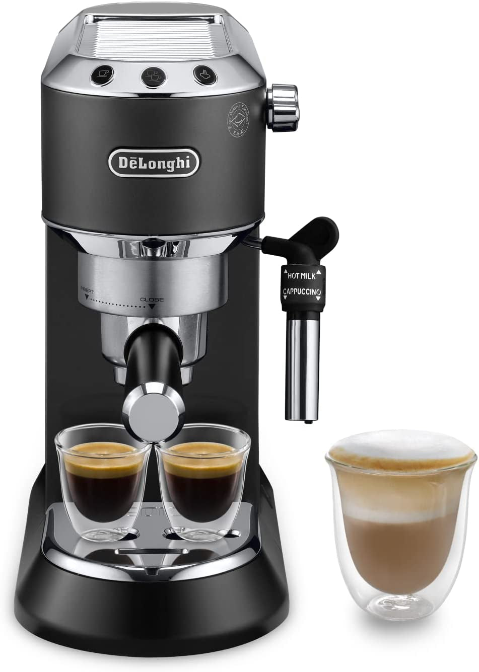 De'Longhi Dedica Style EC 685.B – Espressor cu portafiltru, espressor cu spumator de lapte profesional, doar 15 cm lățime, pentru cafea măcinată sau capsule ESE, rezervor de apă de 1 l, negru
