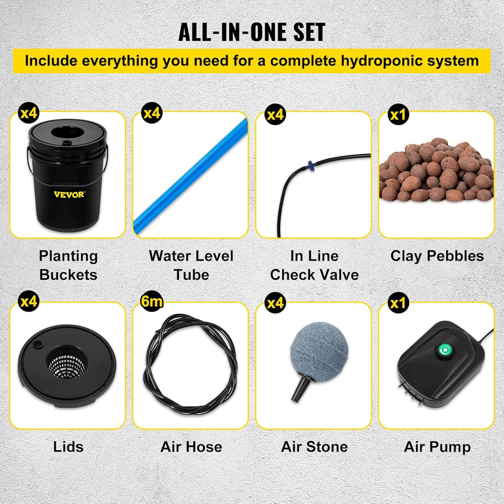 VEVOR DWC Hydroponic Grow System, Hydroponic Grow Systems, Dybvandsdyrkning 4 20 liters spande, DWC System med luftpumpe, luftsten og vandstandsindikator til bladgrøntsager