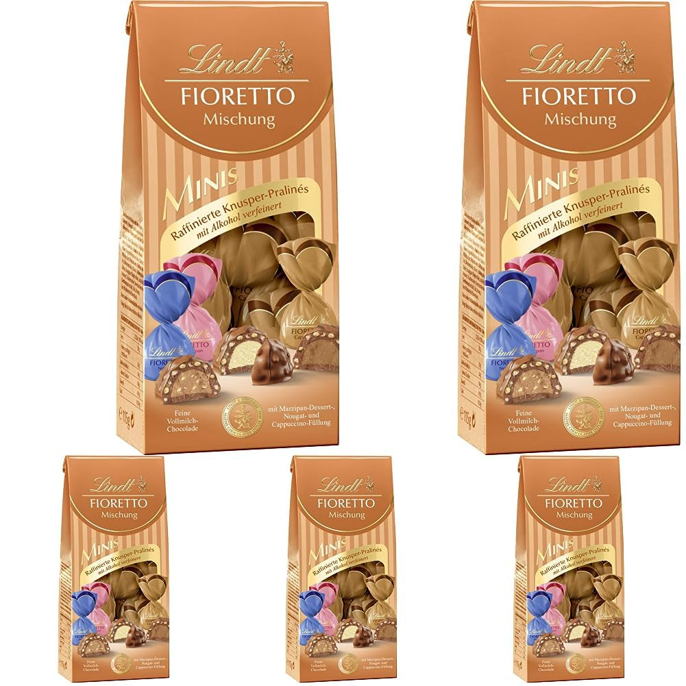 Chokolade - Sortiment FIORETTO Minis | 115 g | Ca. 10 mælkechokoladepraliner i marcipan, cappuccino og nougat smag, indeholder alkohol | Chokolade gavesæt | Chokolade gavesæt (pakke med 5)