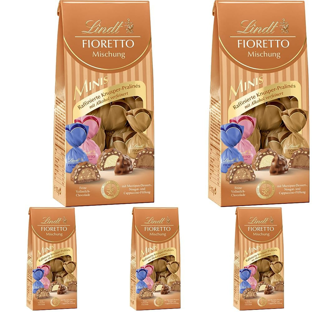 Chokolade - Sortiment FIORETTO Minis | 115 g | Ca. 10 mælkechokoladepraliner i marcipan, cappuccino og nougat smag, indeholder alkohol | Chokolade gavesæt | Chokolade gavesæt (pakke med 5)