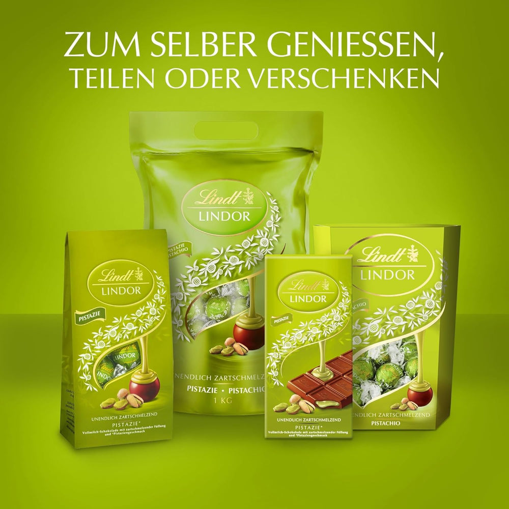 Lindt LINDOR Chokolade med Pistacie | 1 kg genlukkelig pose | ca. 80 mælkechokoladekugler med smeltet pistacie-cremefyld i munden | Bulkpakke, pralinegave