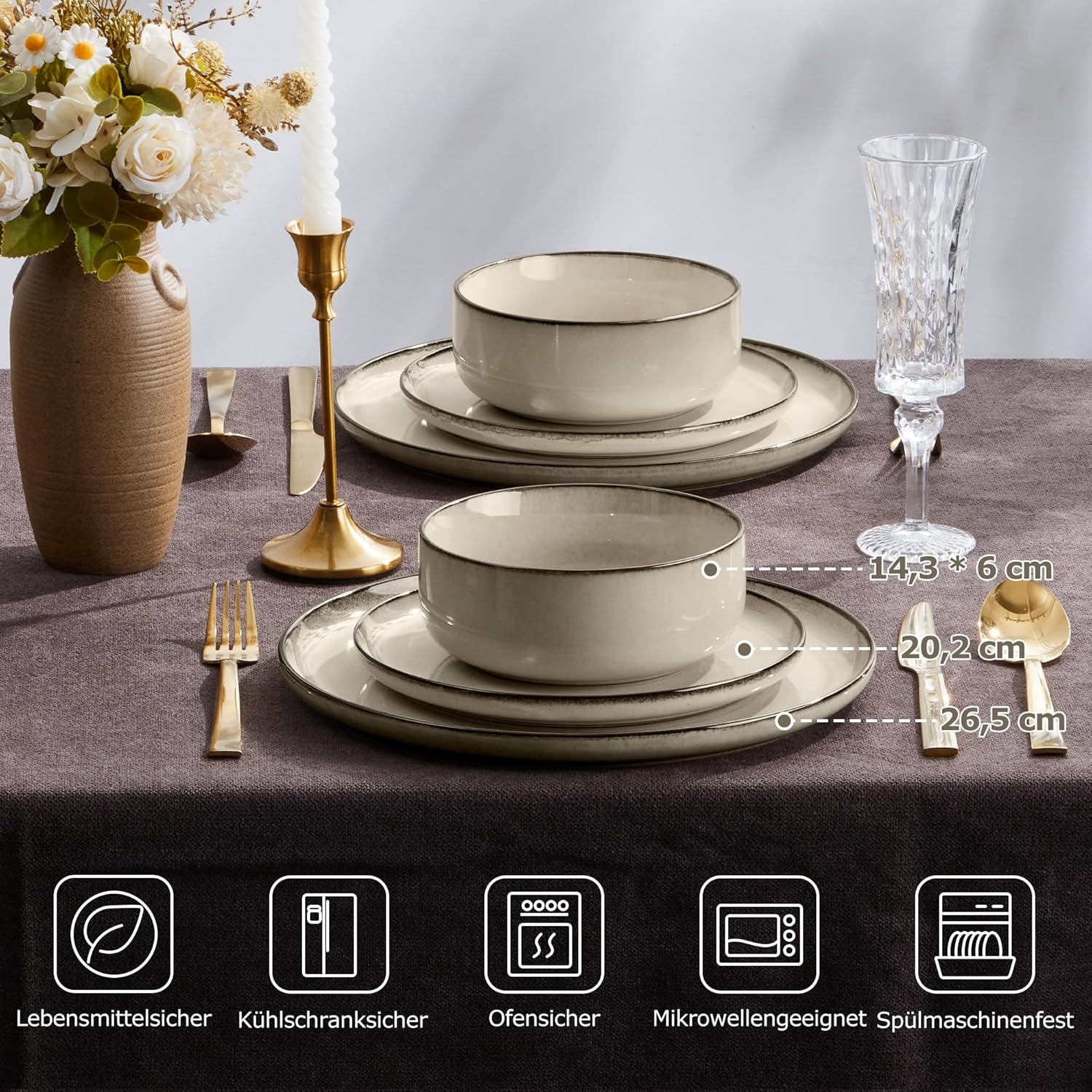 Set de veselă pentru 6 persoane, serviciu de cină din gresie cu 18 piese, set combinat, 6 farfurii de cină, 6 farfurii de desert, 6 boluri pentru cereale, antizgârieturi și potrivit pentru cuptorul cu microunde - Karst Khaki