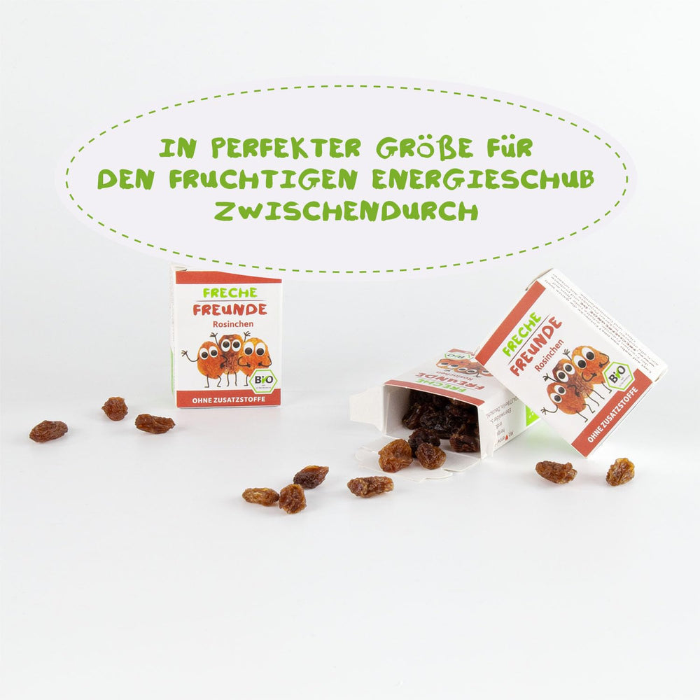 FRECHE FREUNDE Økologiske rosiner, Trockenfrüchte ohne Zucker, ohne Zusatzstoffe, ungeschwefelt, i små Snackboxen, Sultaninen für Kinder, 20er Pack, 20 x (3x14g)