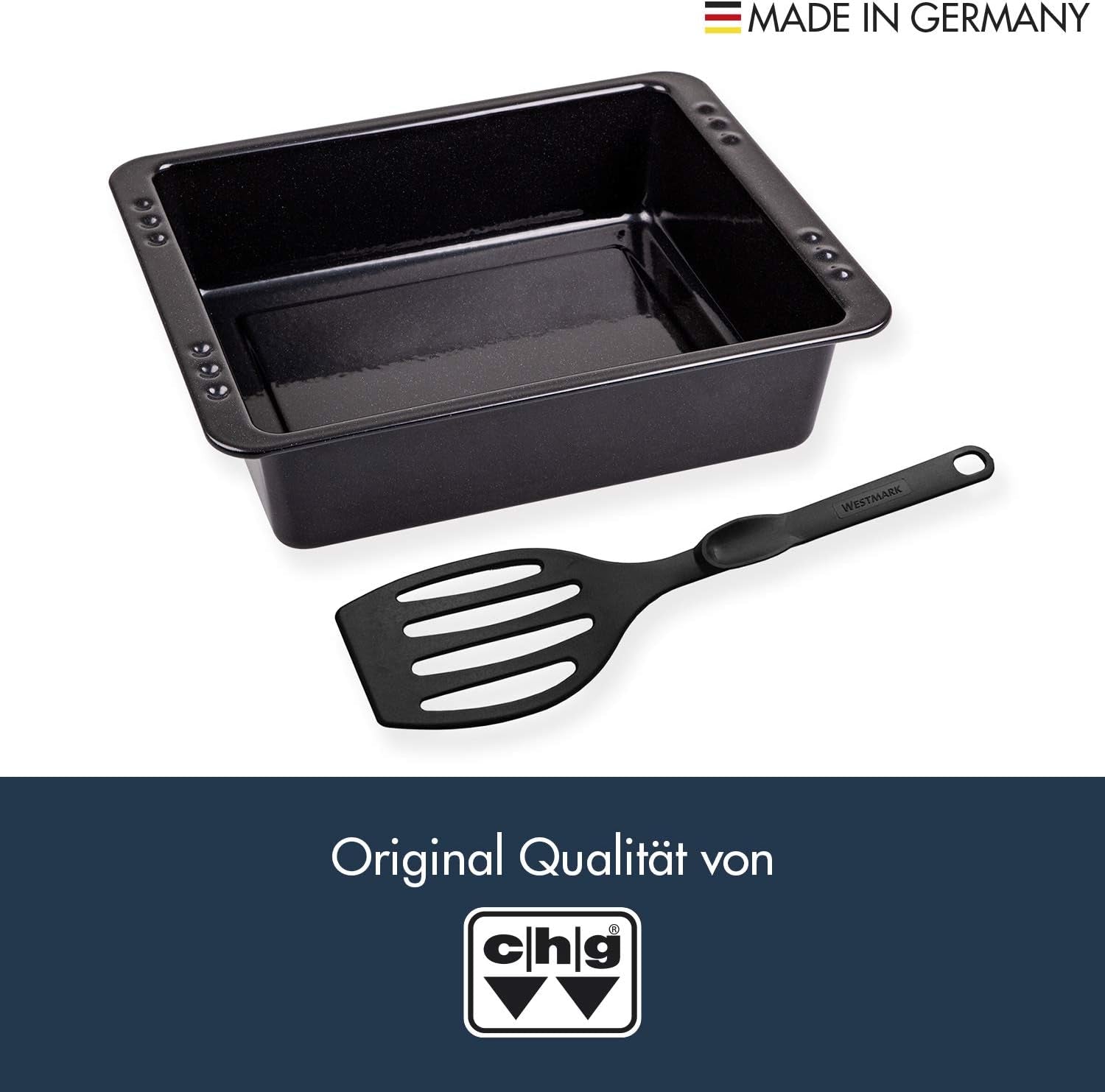 Chg SET 341-46-60 Extra Tiefe Ofenform (7,0 Cm) "Emaille" Mit Profi-Pfannenwender", Schwarz Gesprenkelt Forme og bakker til bagning Naty Shop