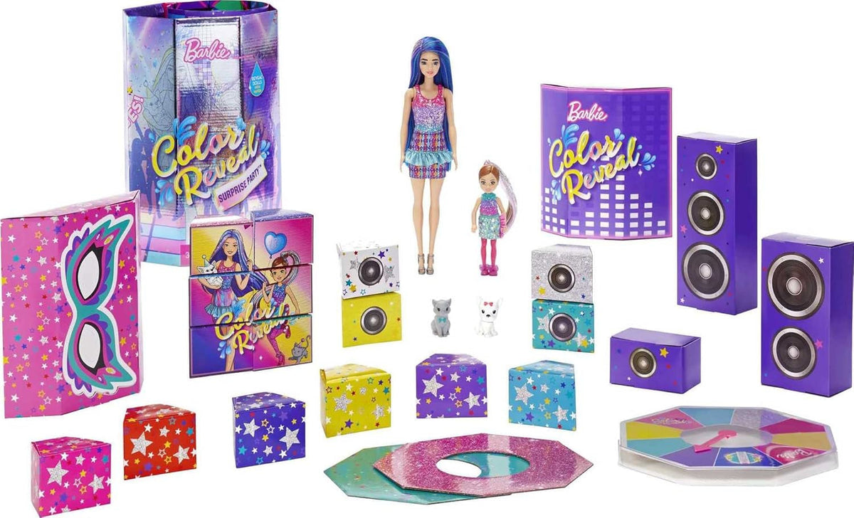 Barbie GXJ88 - Petrecere Surpriză Dezvăluire Culoare, +50 Surprize: 1 Păpușă, 1 Păpușă Chelsea, 2 Animale, 6 Schimbări de Culoare, Accesorii și Mai Multe, Set Petrecere Dansantă, Jucărie Cadou pentru Copii cu Vârsta de 3 Ani și Peste