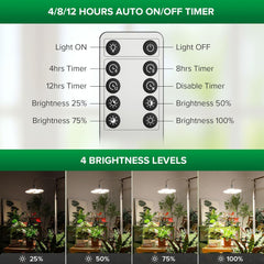 SANSI Full Spectrum LED-plantelampe 125W dæmpbart lys med fjernbetjening til plantevækst Justerbar højde 120-180 cm 4/8/12 timer Timer 4 lysstyrkeniveauer