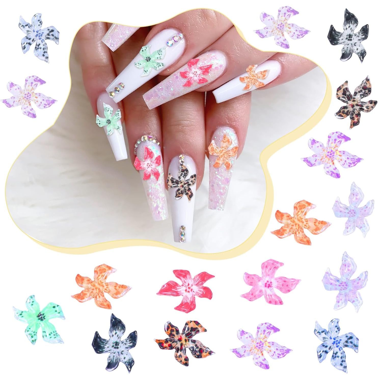 50 Pcs 3D Blumen Nägel Nail Charms Bunt Gelee Weich Kleber Lilie Flower Blume Nagel Hibiscus Zubehör Nageldesign Eis Kristall Geprägt Farbverlauf Lilien Für Mädchen Frauen Diy Basteldekoration
